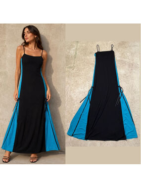 Vintage City Triangles Black Blue Maxi Dress Women’s Medium Spaghetti Strap
